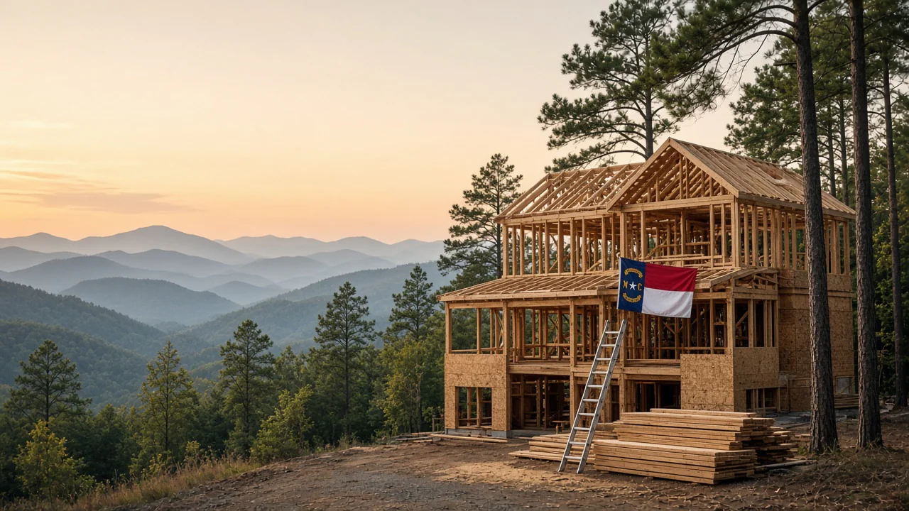 Wood-framed house under construction on a forested mountainside at sunset, with a North Carolina flag