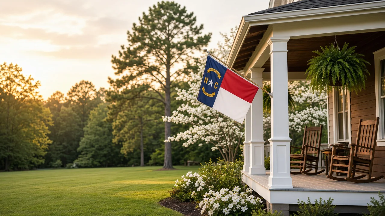 Covered front porch with rocking chairs, a hanging fern, and a North Carolina flag