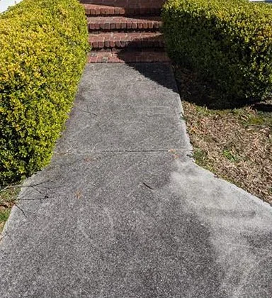 Stained gray concrete walkway between hedges, leading to brick steps, before pressure washing