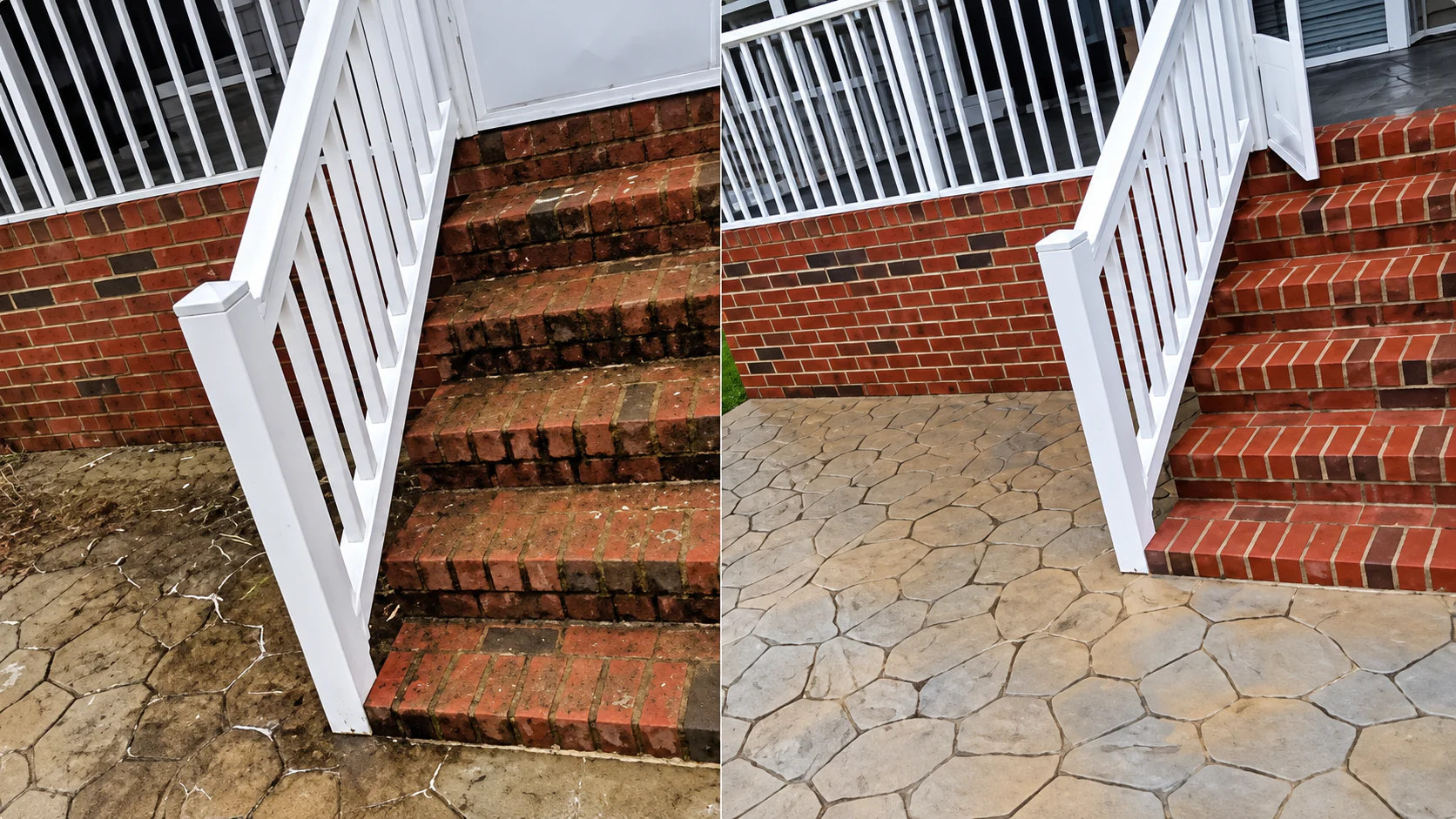 Brick steps with a white rail and a stamped concrete patio, stained on the left before pressure washing and clean on the right after