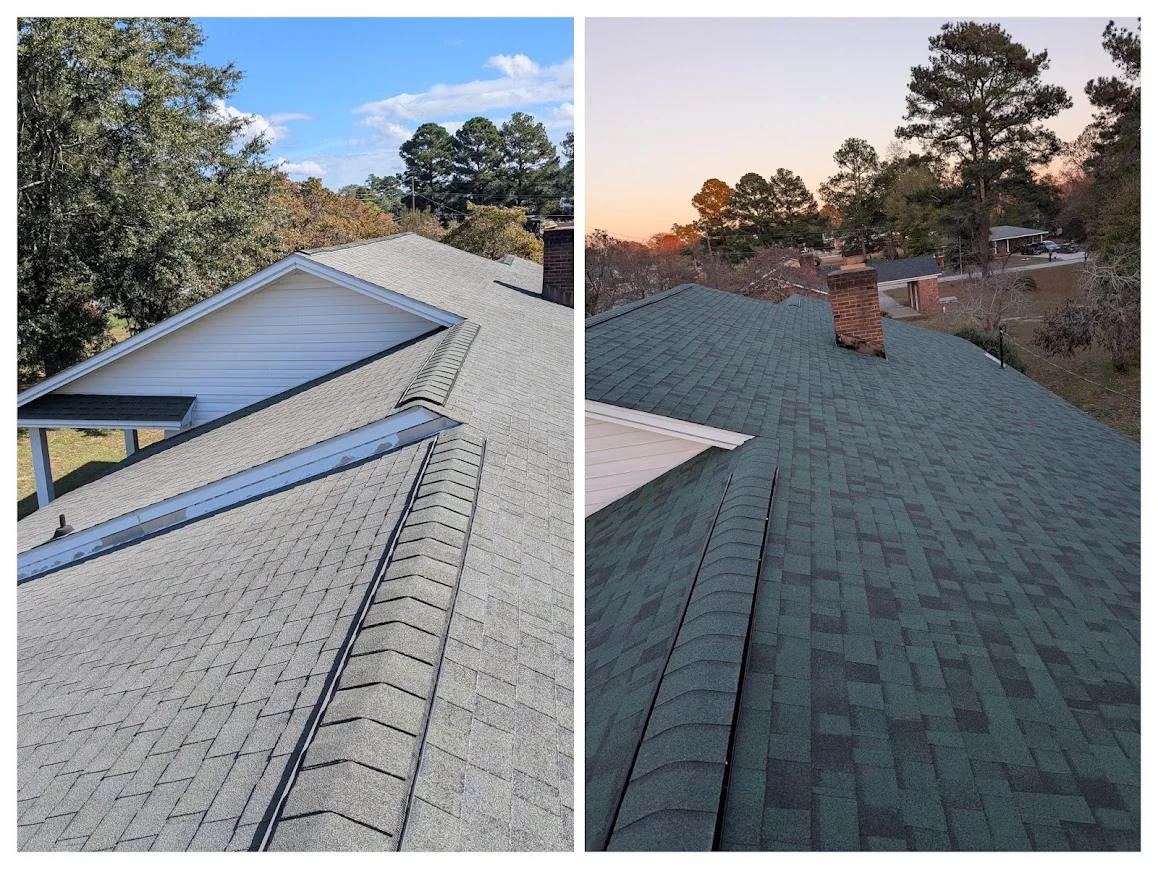 Roof before and after new dark shingles were installed
